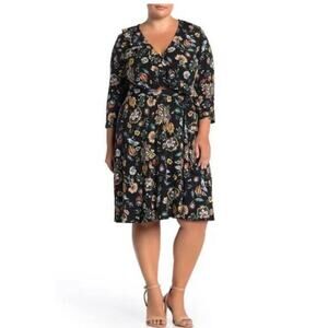 Leota Plus Dress Black Floral 3/4 Sleeve Faux Wrap Belted Midi Dress Size 2X